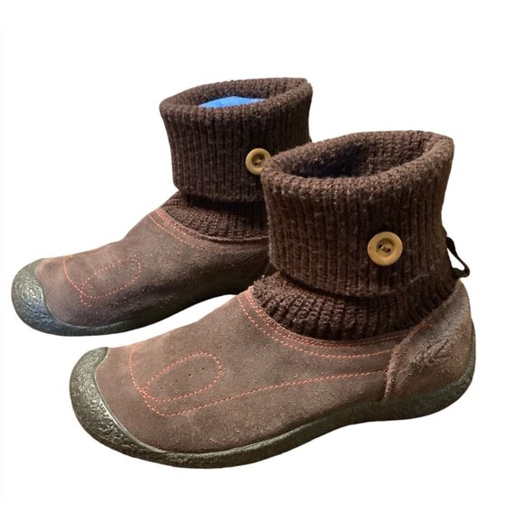 Keen Womens Brown Suede Knit Cuff Ankle Boots Size 6.5 US Button Accent & Rubber - Picture 3 of 7